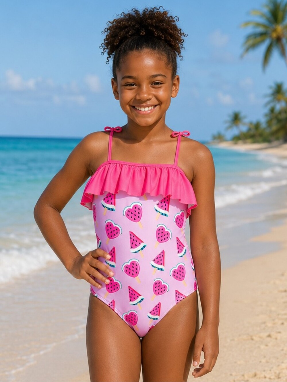 YMI GIRLS RUFFLE TRIM ONE PIECE SWIMSUIT with WATERMELON POPSICLES MED 10/12 NWT